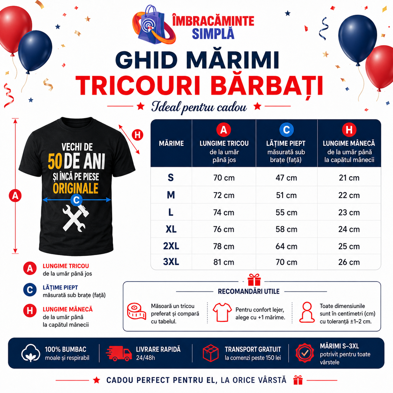 Tabel marimi tricou aniversar barbati din bumbac 100%